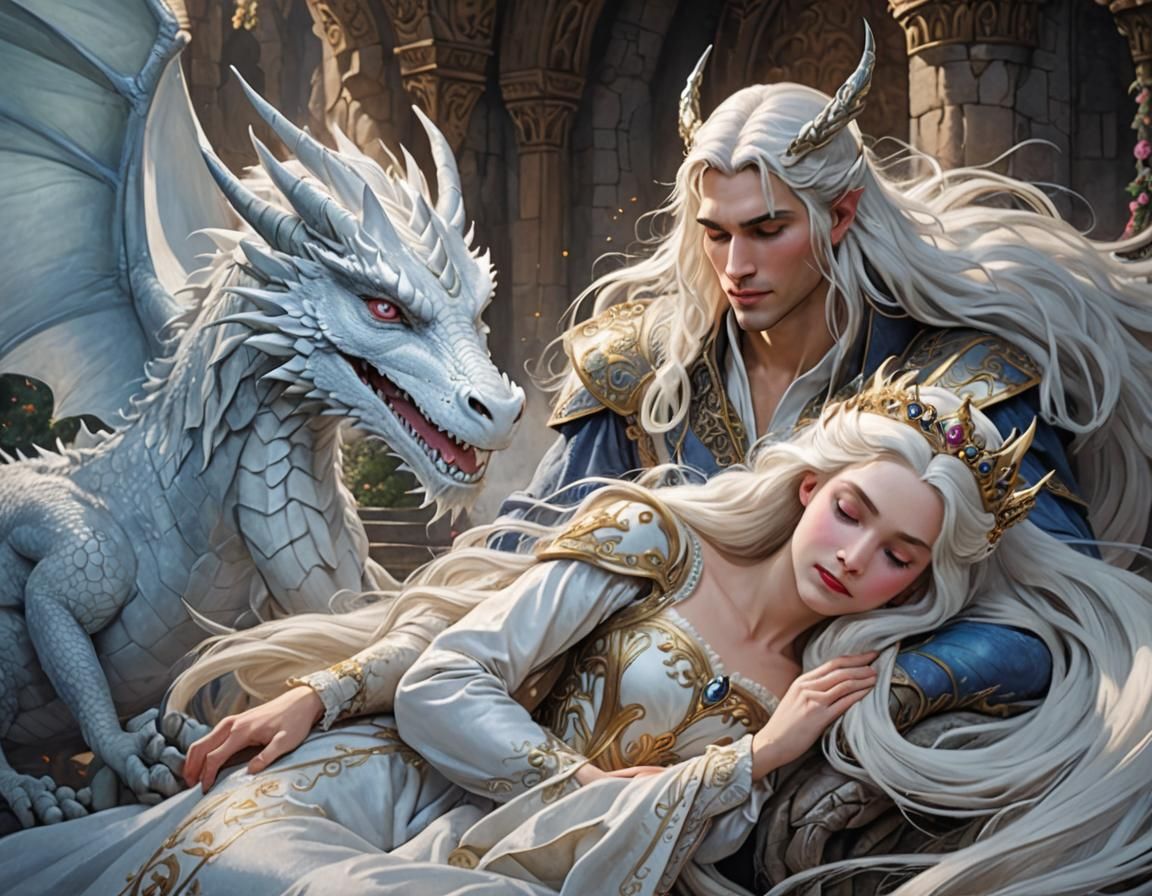 White Dragon and Sleeping Princess Illustration
