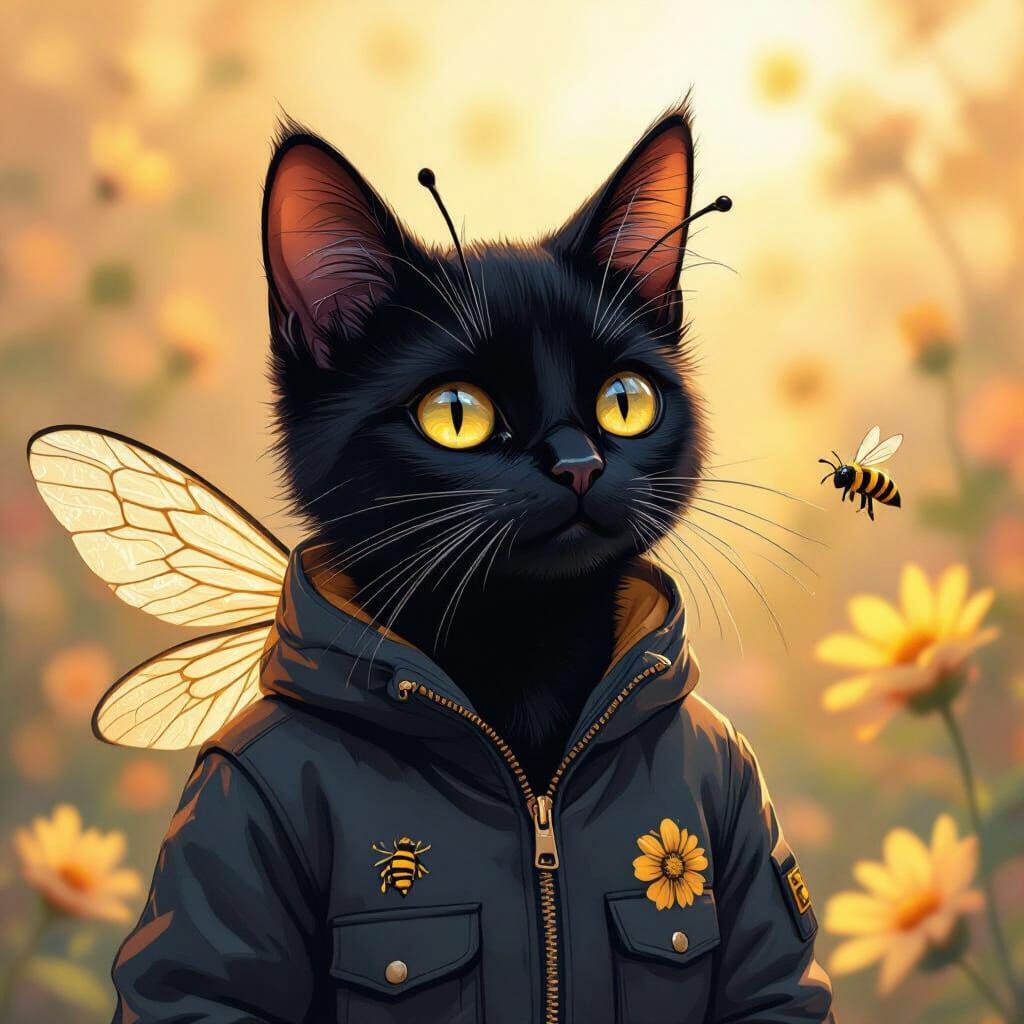 Black Cat Bee Hybrid in Digital Illustration Style