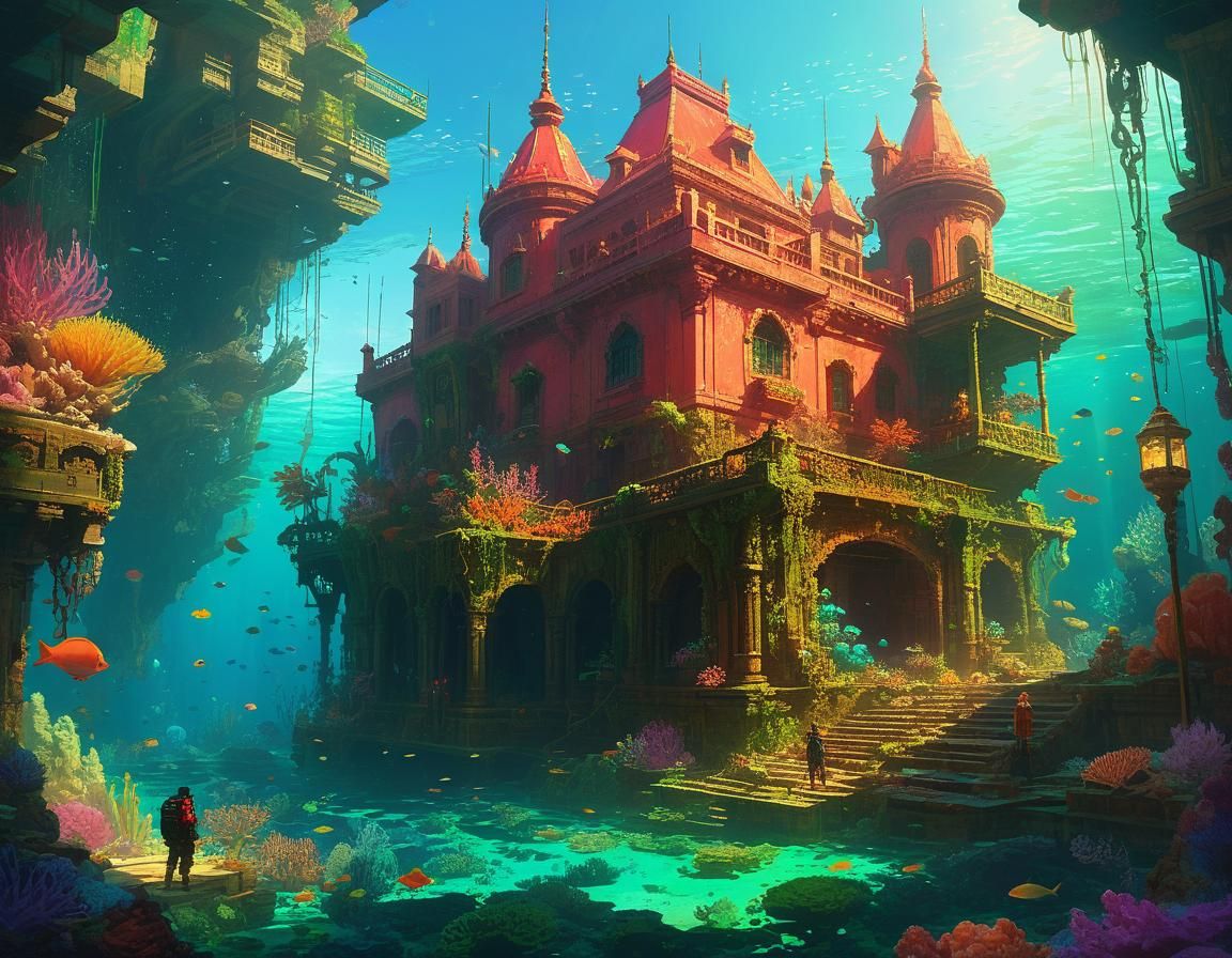 Majestic Underwater Palace in Pixel Art Style