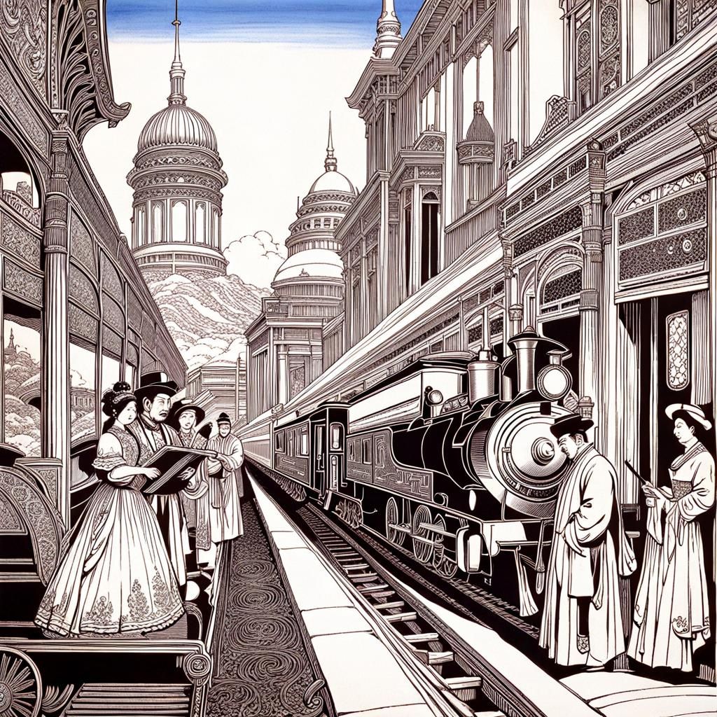 Chinese Railroad Worker in Art Nouveau Style