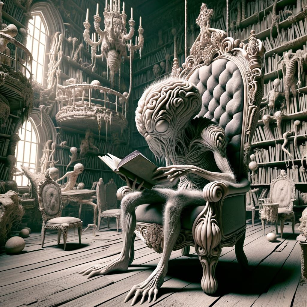 Peculiar Creature Reads in Gothic Chair Amidst Absurd Room