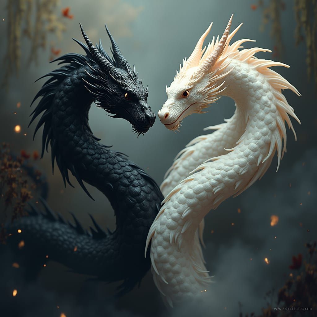 Majestic Black and White Dragons in Matte Painting Style