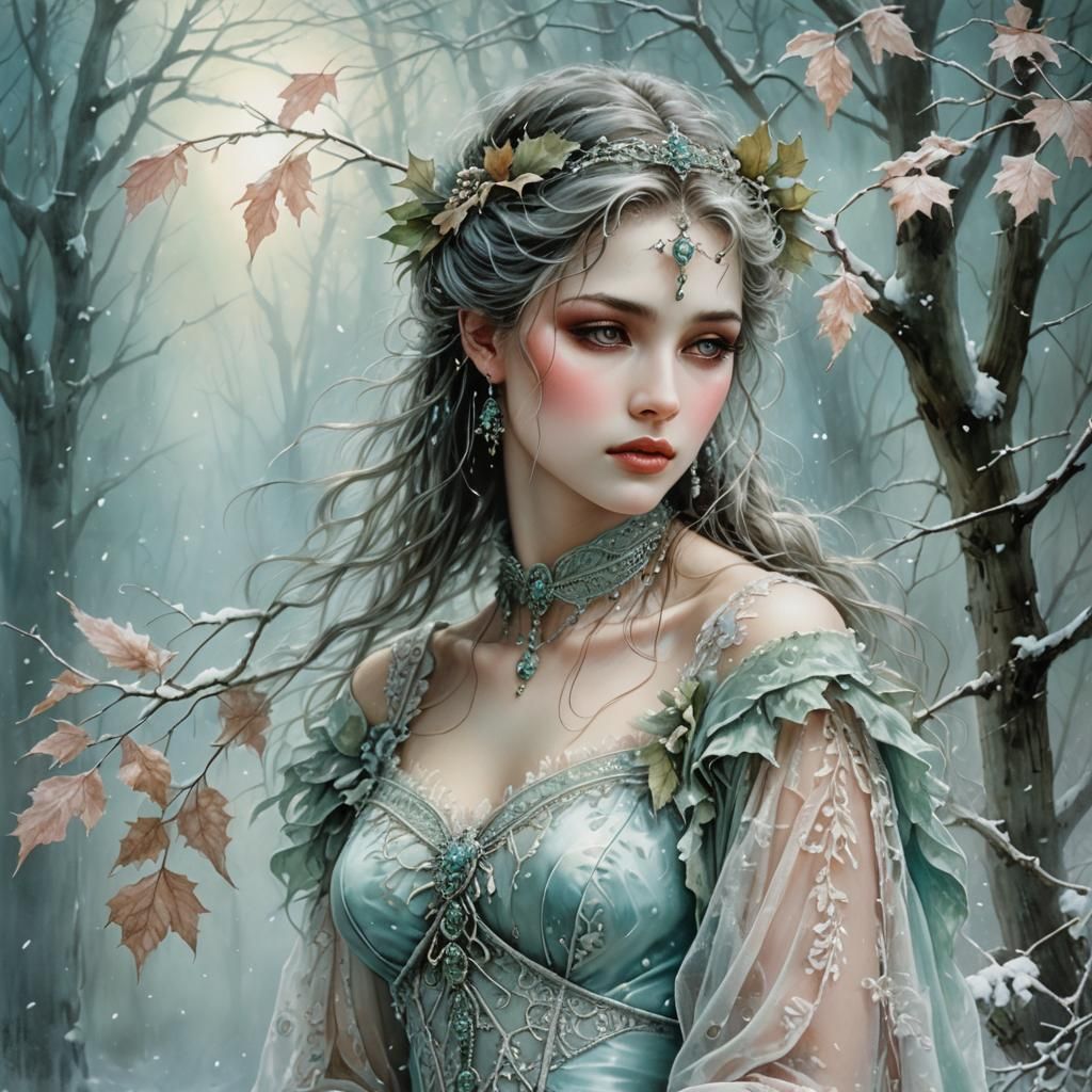 Ethereal Lady in Victorian Dress, Dreamlike Oil Painting