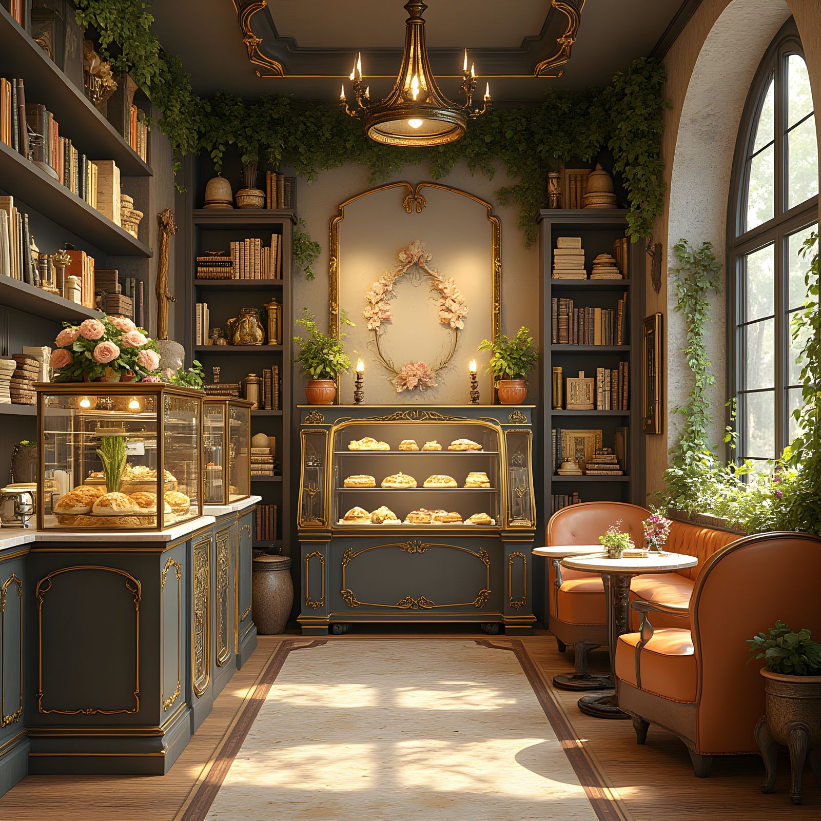 Inviting Café Interior with Pastries and Books