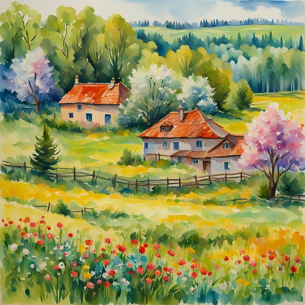 Spring Landscape in Gouache Watercolor Impressionist Style
