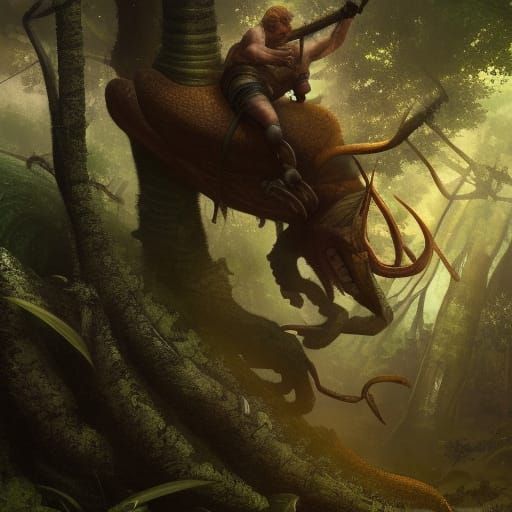 Lumberjack Rides Chameleon: Dark Fantasy Concept Art