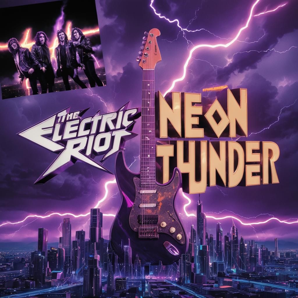 Retro rock album cover for fictional band Electric Riot titled Neon Thunder.