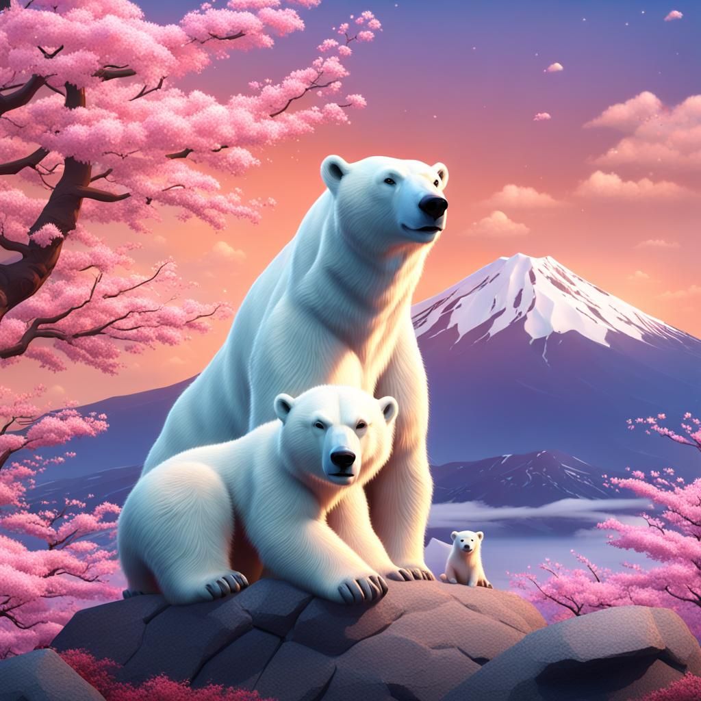 Polar Bear Family at Mount Fuji: 3D Render