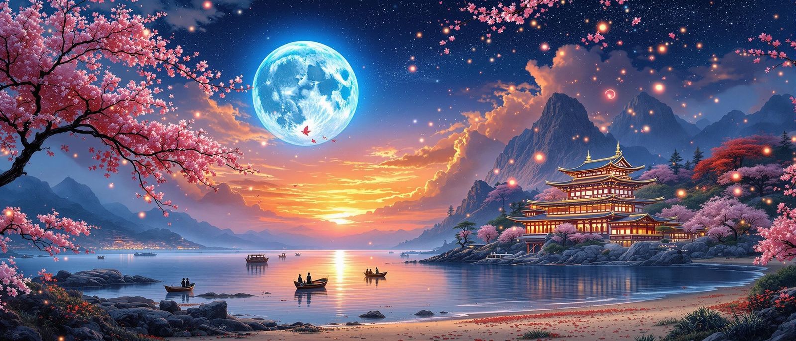 Epic Chinese Landscape with Glowing Sakura