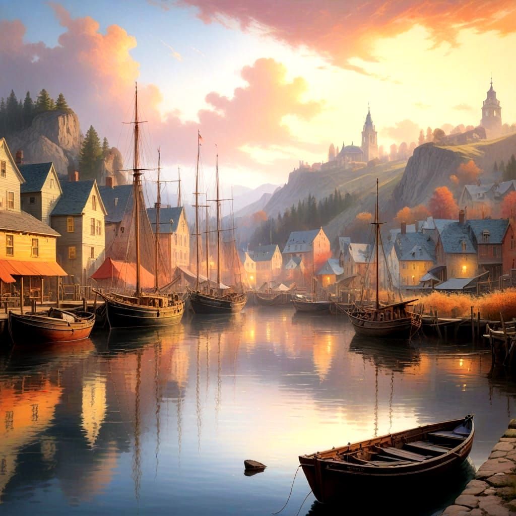 Harbor Town at Sunset in Impressionist Style