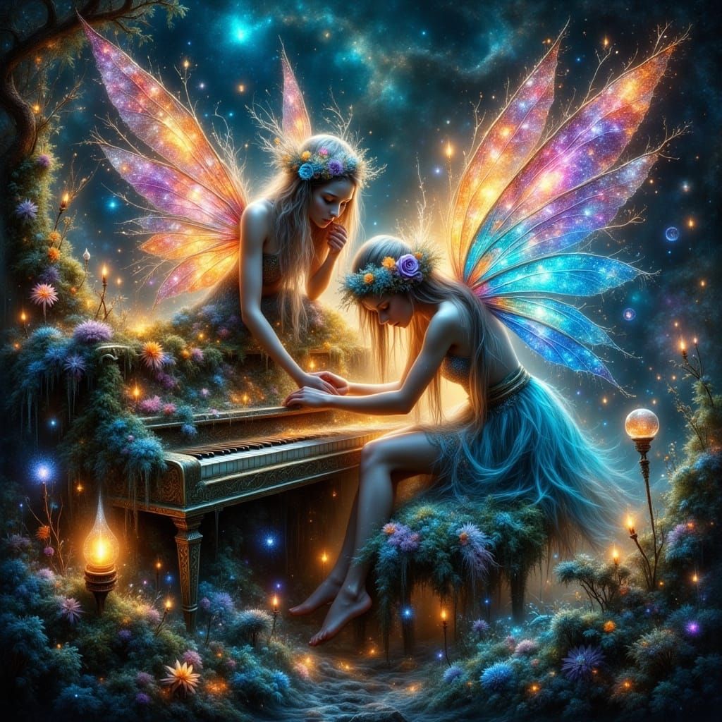 Vibrant Fairy Tending Bioluminescent Piano in Cosmic Forest