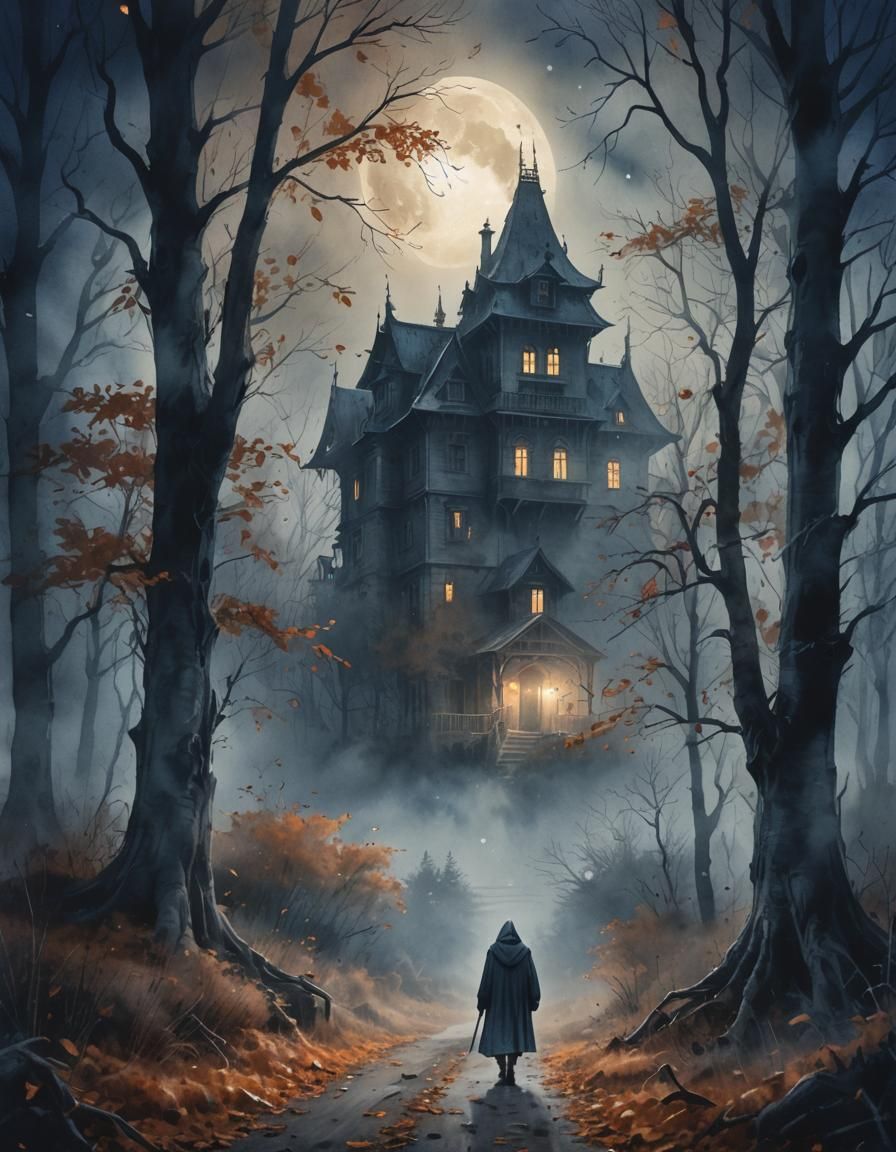Hooded Figure Approaches Haunted House in Watercolor