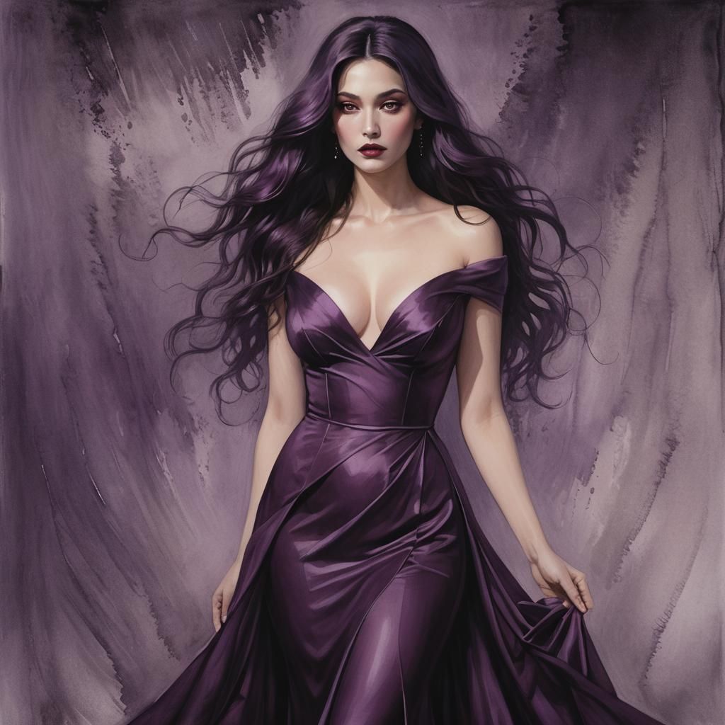 Plum Gown Beauty in Dark Mystical Scene
