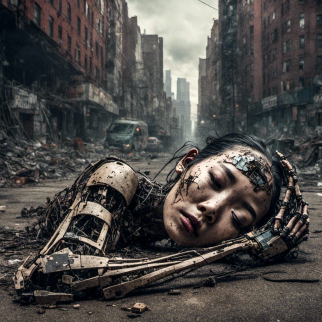 Dead Cyborg in Dystopian Cityscape