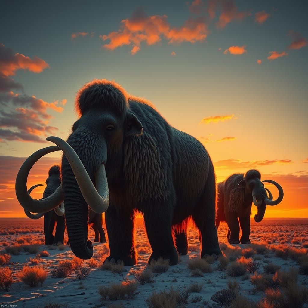 Woolly Mammoth Silhouette on Steppe, Hyperrealistic Image