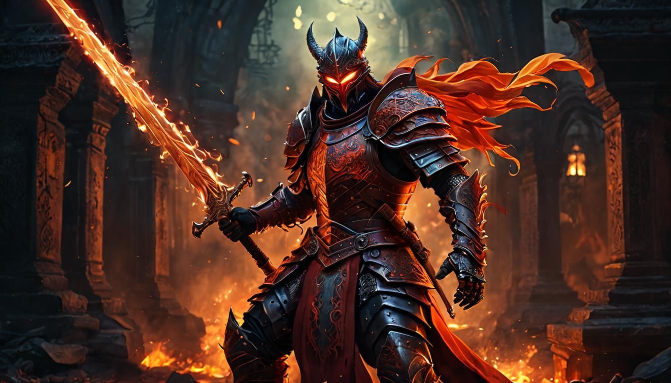 Fiery Warrior in Hellish Landscape: Dark Fantasy Art