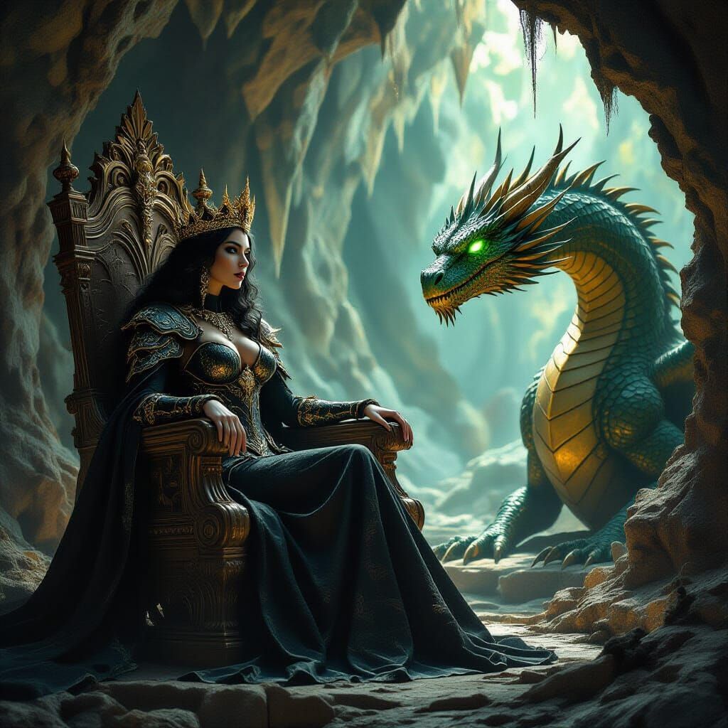 Regal Queen in Obsidian Armor with Dragon Companion