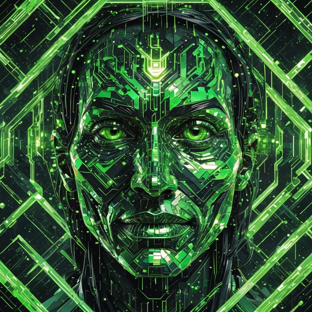 Futuristic, Pixelated Face in Neon-Lit Tesseract