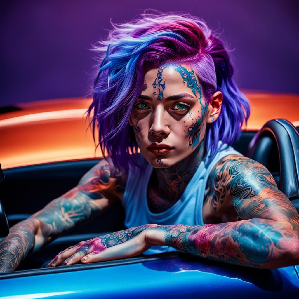 Woman with Tattoos on Sports Car in Splash Art