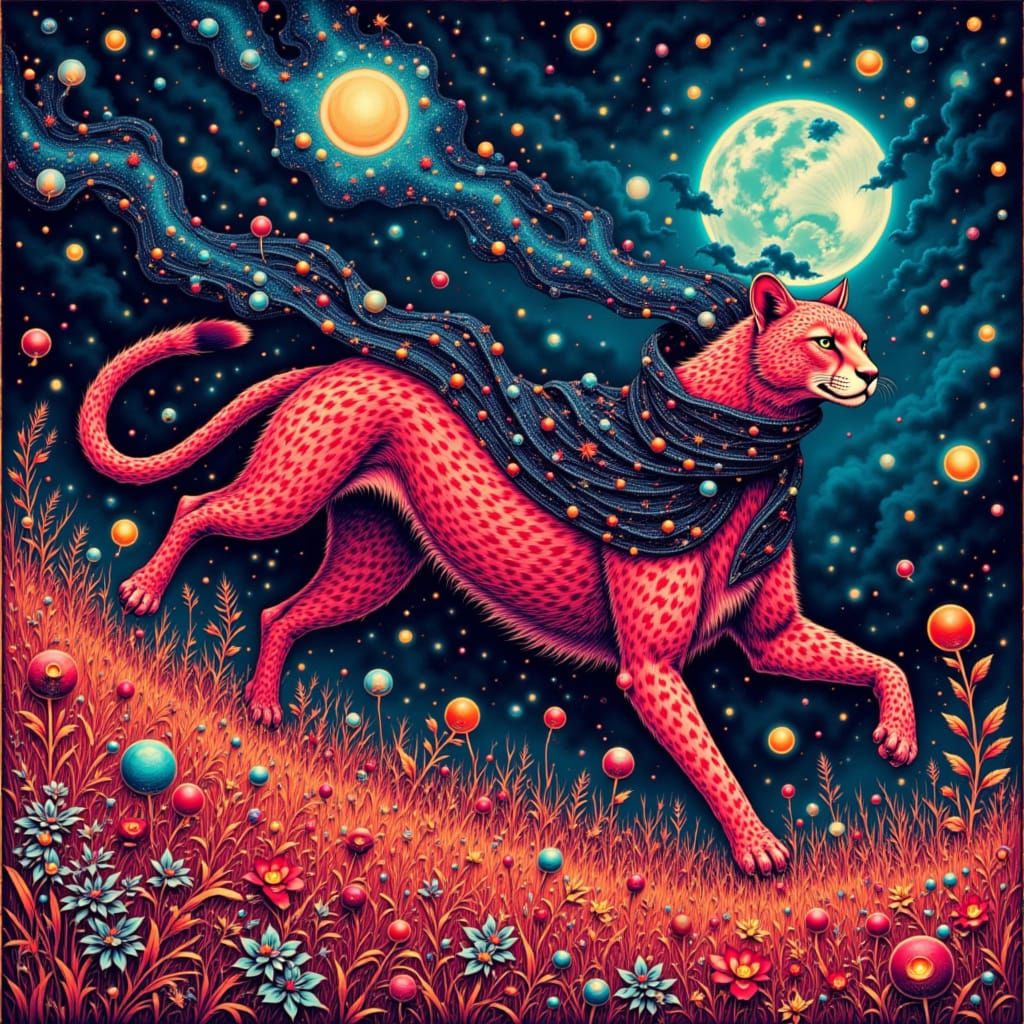 Red Galaxy Cheetah Leaping Through Dreamlike Landscape