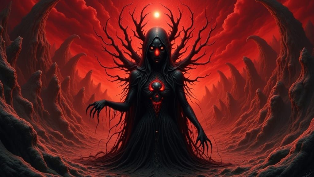 Dark Fantasy Neighbor of the Beast in Corrupted Landscape