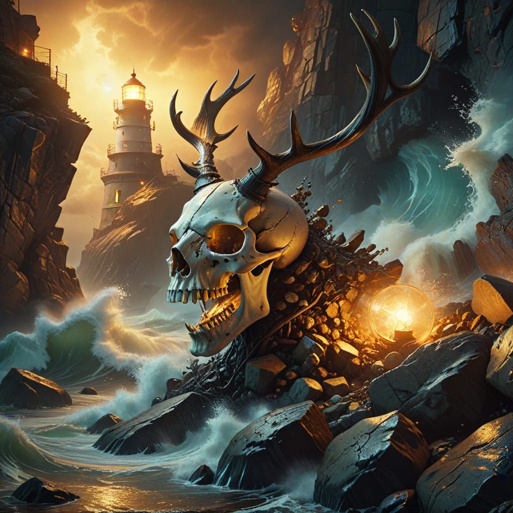 Surreal Lighthouse on Stag Skull in Stormy Seas