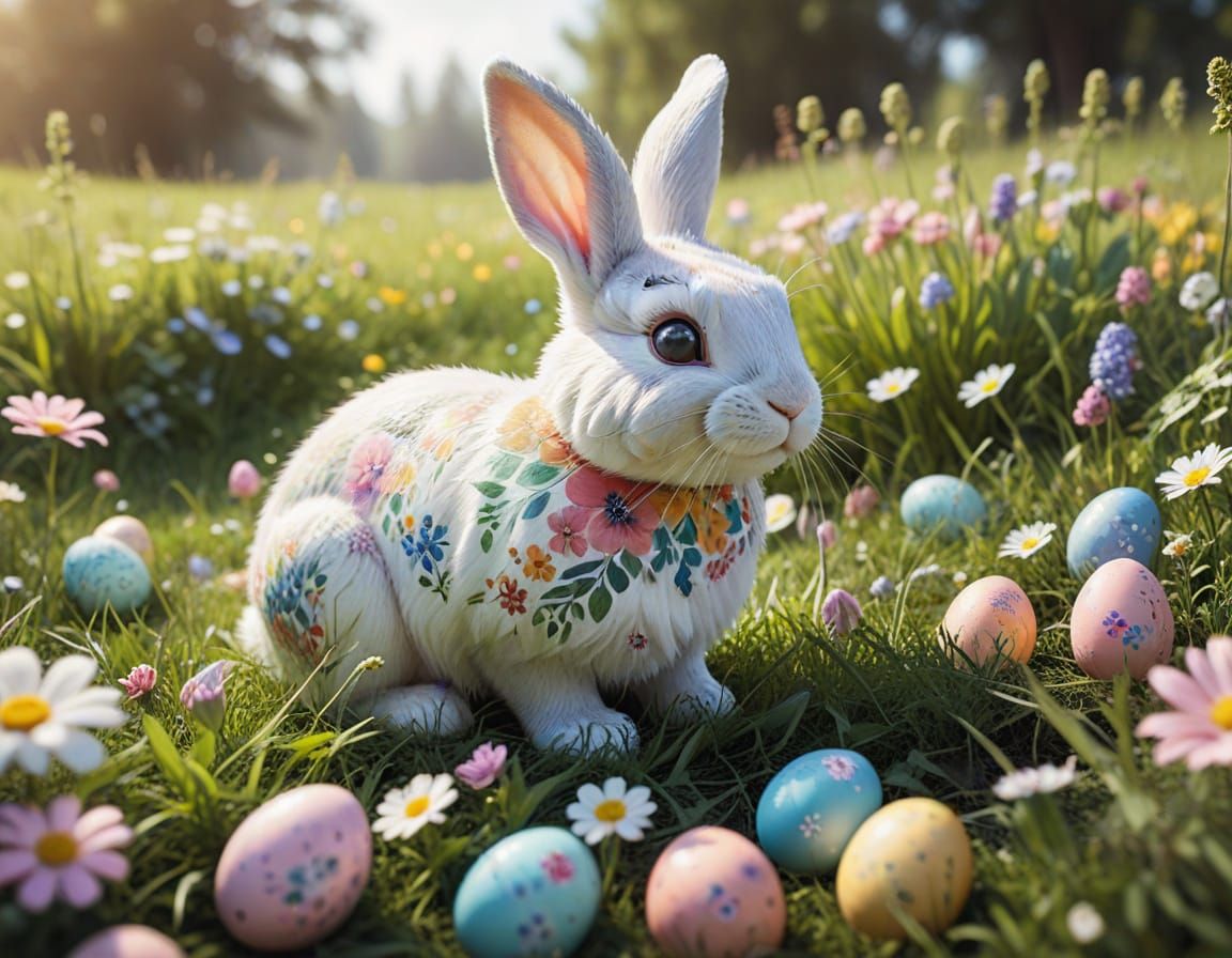 Whimsical Easter Egg Hunt Scene in Vibrant Watercolor Style