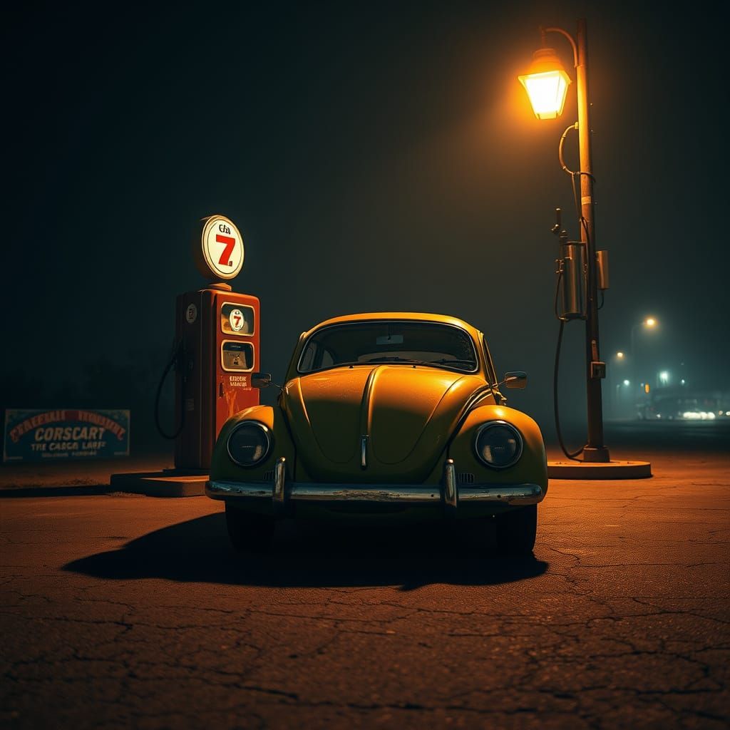 Abandoned Gas Station at Dusk in Vintage Volkswagen Beetle