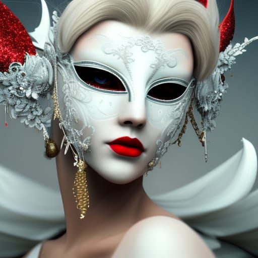 Masquerade Beauty with Red Mask in Detailed Painting