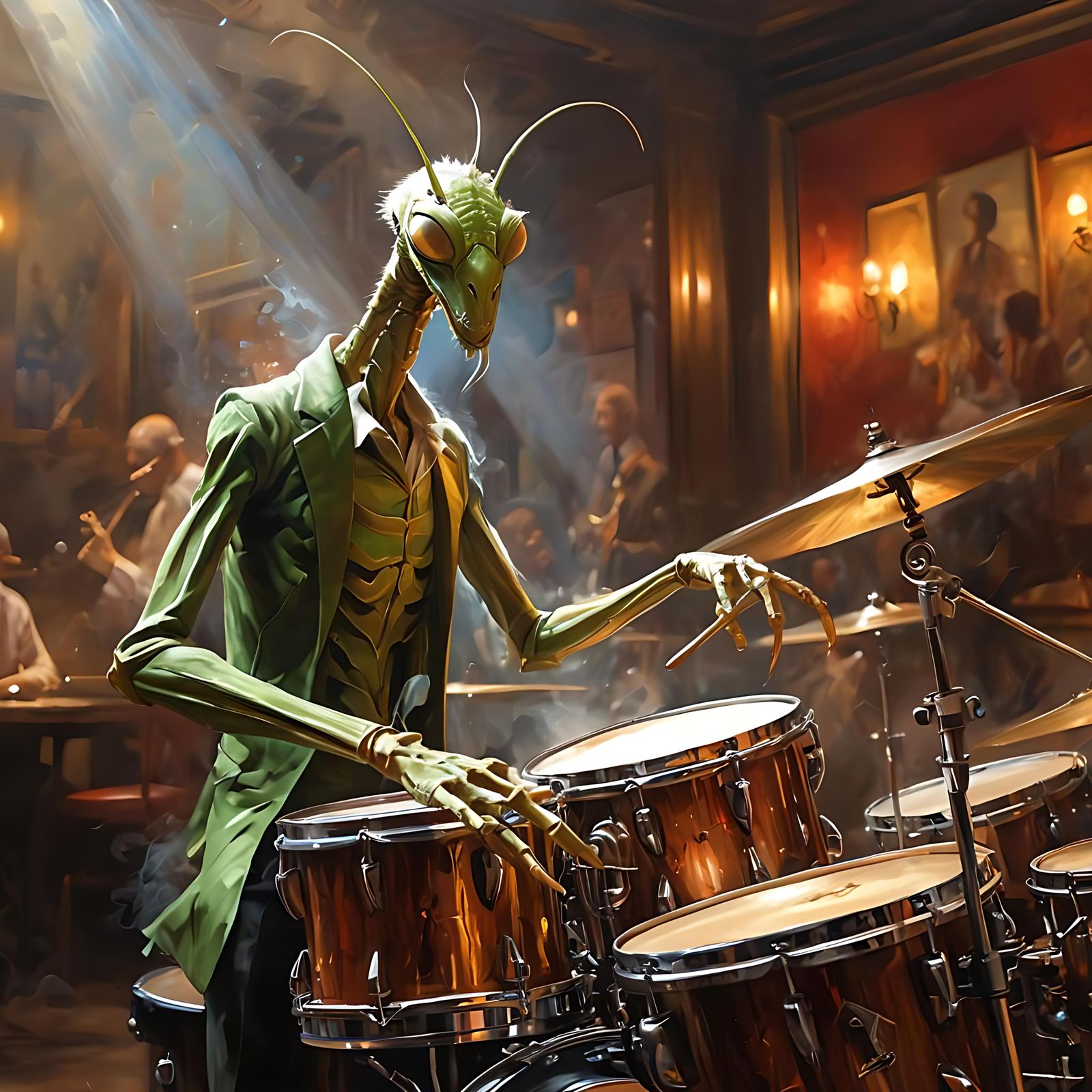 Praying Mantis Plays Drums: Impressionist Oil Painting