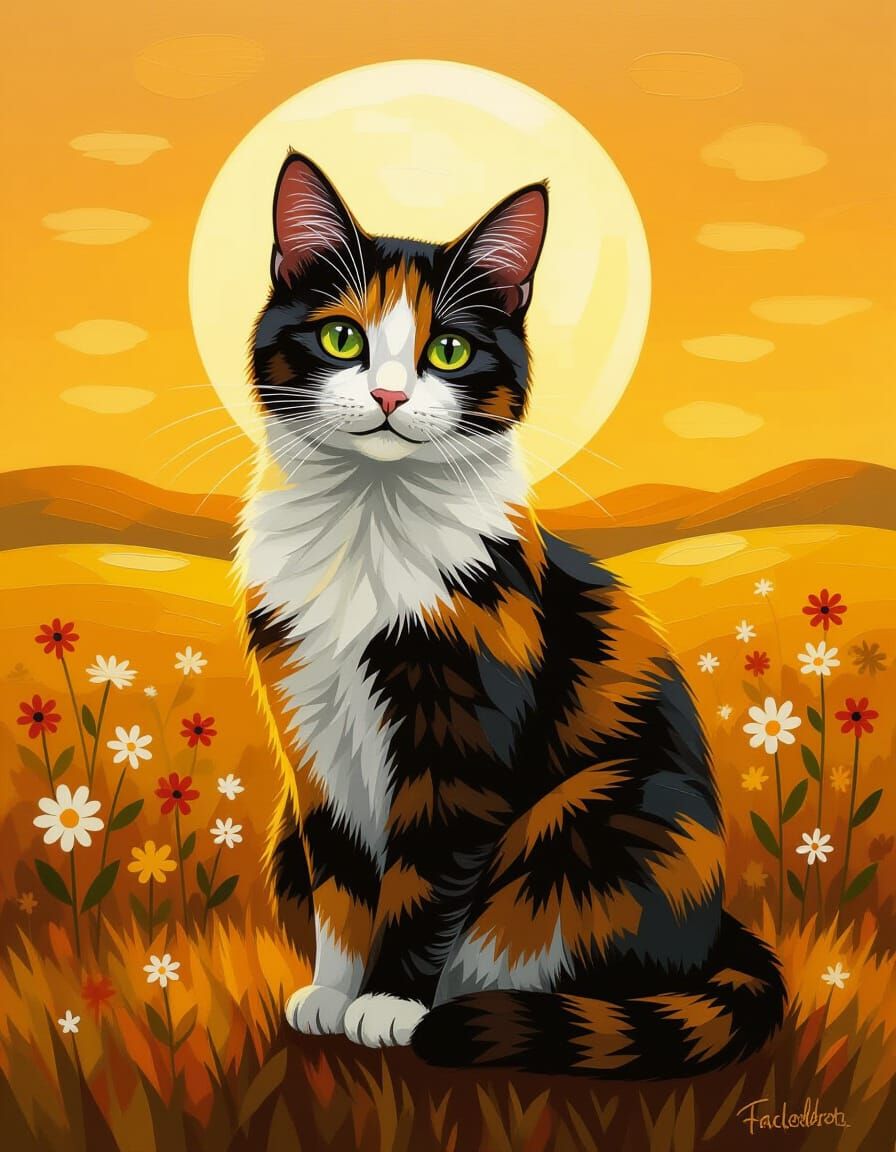 Elegant Tortoiseshell Cat in Golden Landscape Oil Painting