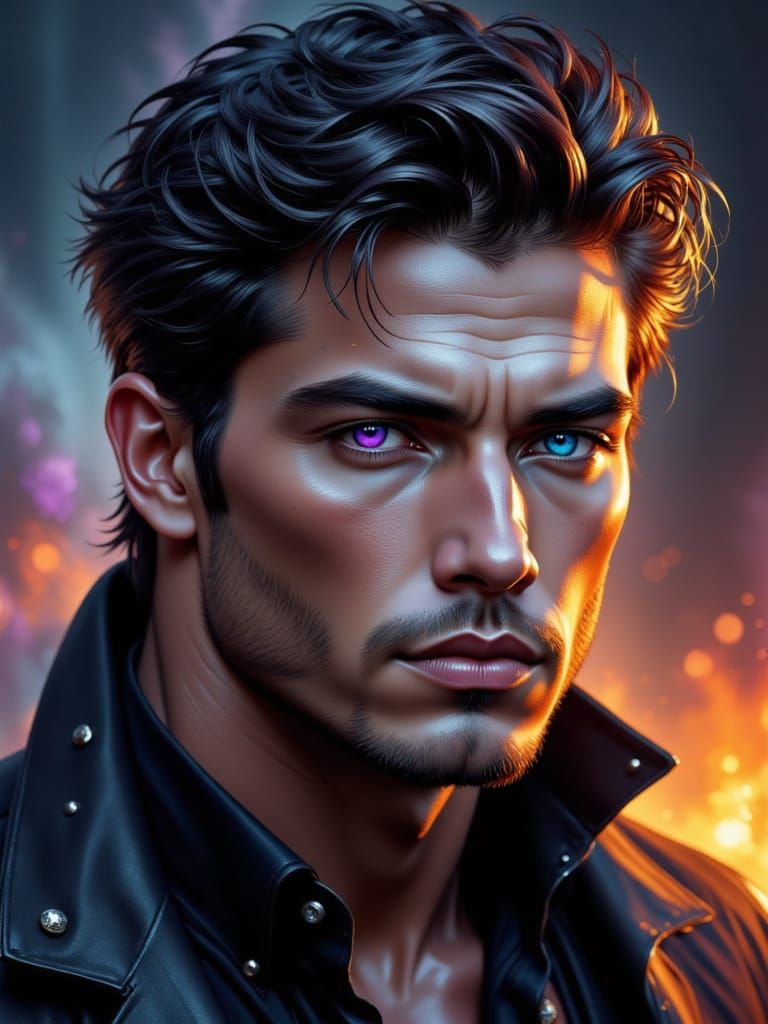 Striking Man with Iridescent Eyes in Dramatic Light