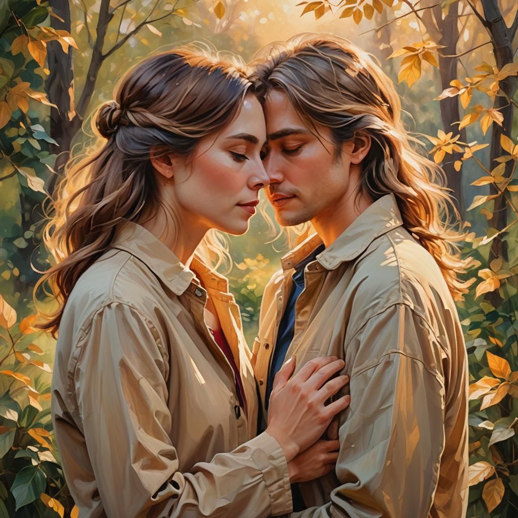 Warm Embrace at Golden Hour: An Impressionistic Oil Painting