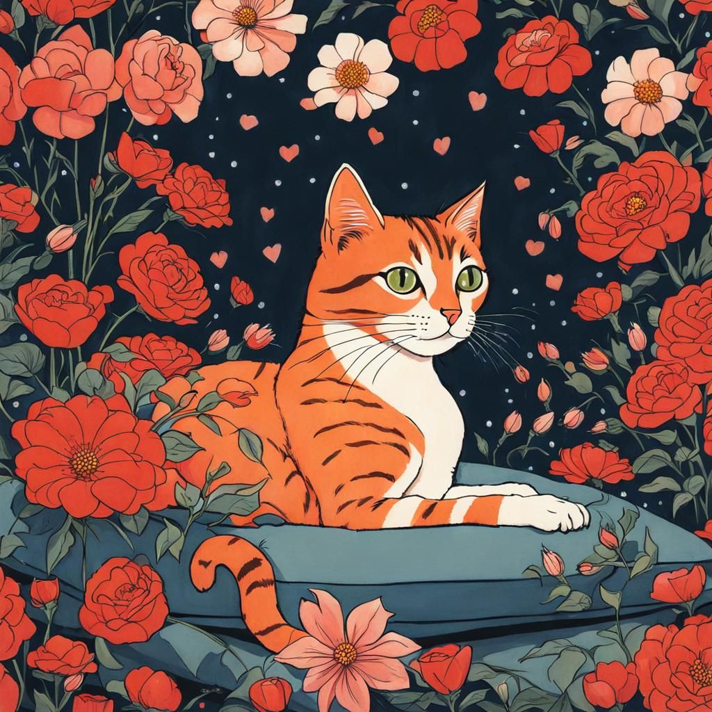 Cute Cat with Flowers in Retro Comic Style