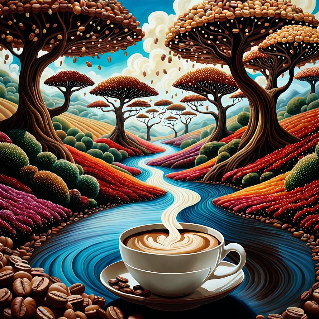 Surreal Coffee Landscape with Bean Flowers