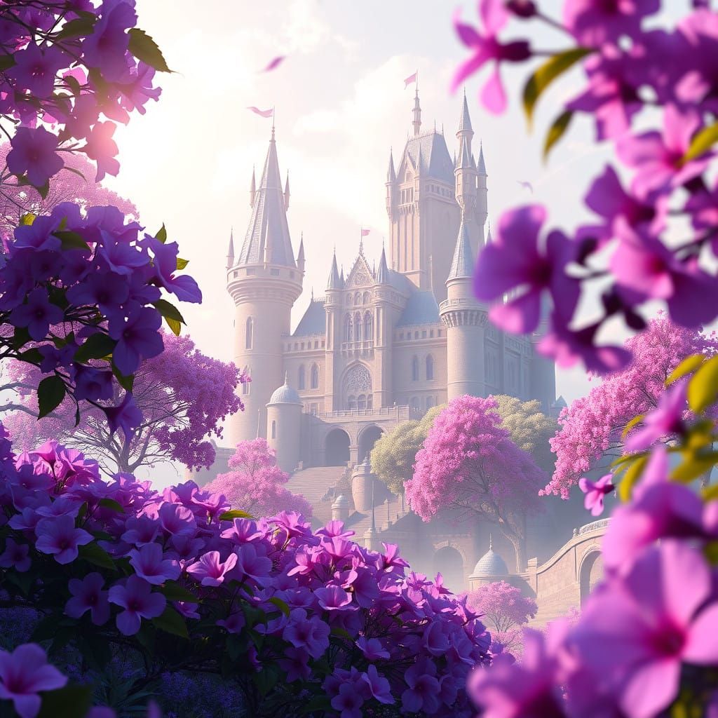 Ethereal Castle in Whimsical Purple Bloom Landscape