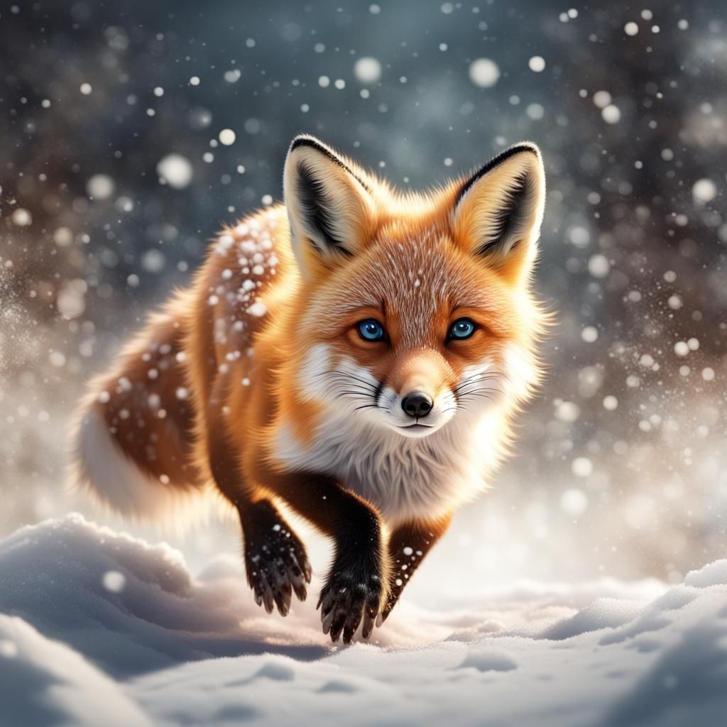 Baby Fox Runs in Winter Snow: Hyperrealistic Splash Art