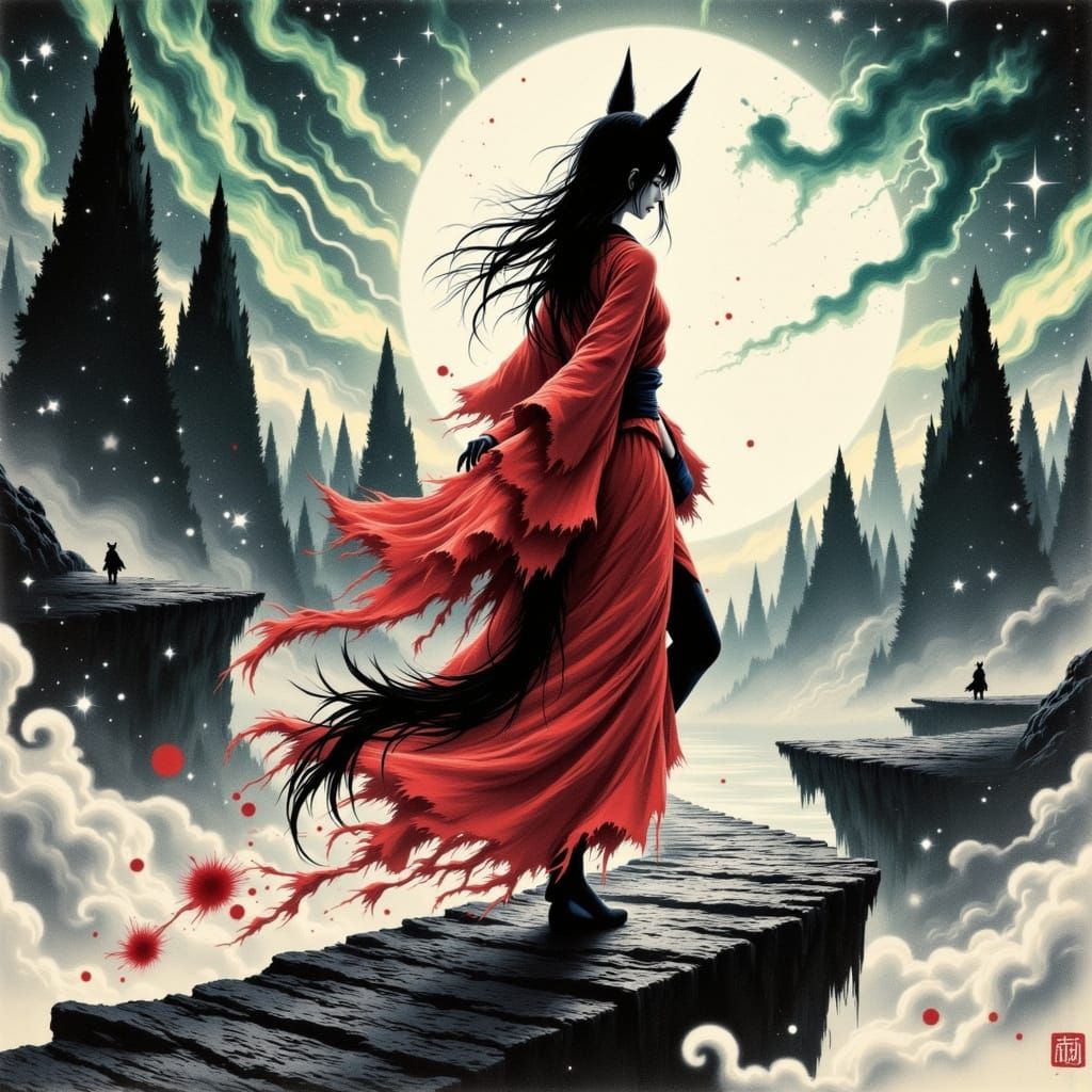 Yokai Woman Dancing on Floating Islands