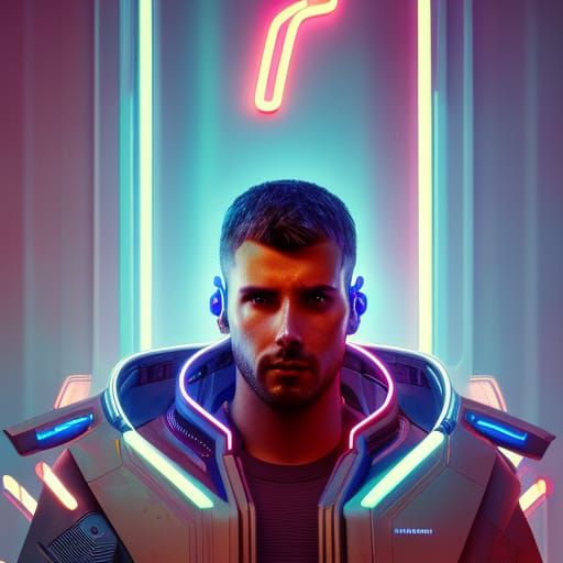 Cyberpunk Robot Portrait in Neon Cityscape