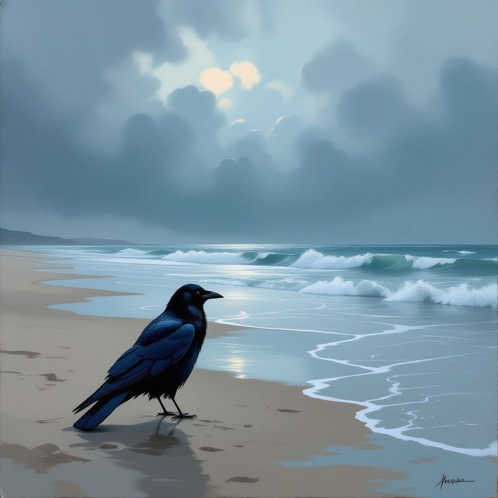 Lone Crow on Desolate Shoreline in Stormy Turner-esque Style