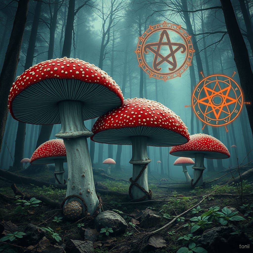 Dark Surreal Forest with Twisted Spiritual Symbols and Warni...