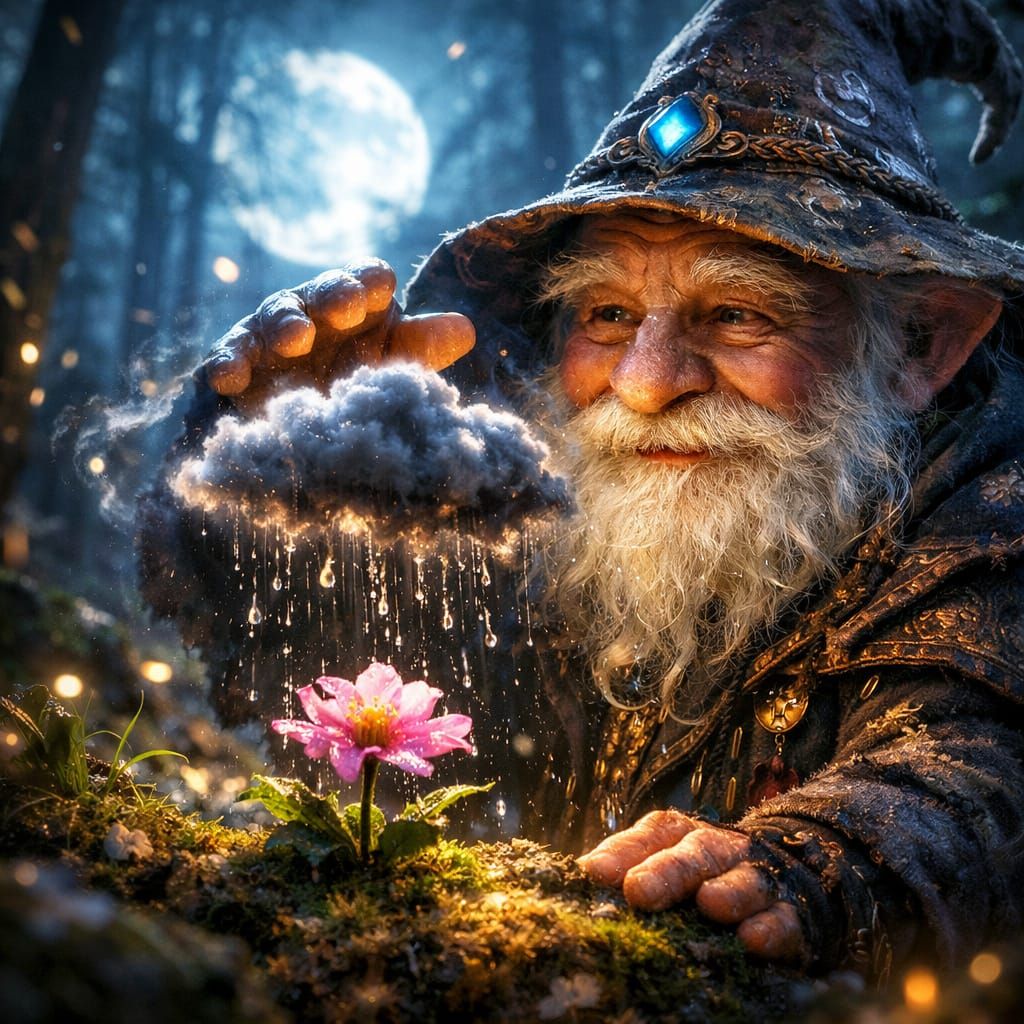 Fairytale Dwarf Wizard Casting Cloud Spell in Enchanted Fore...