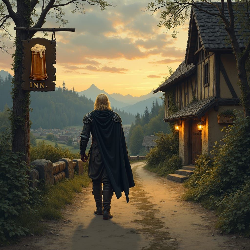 Knight Walks Away from Rustic Inn at Dusk in a Fantasy Lands...