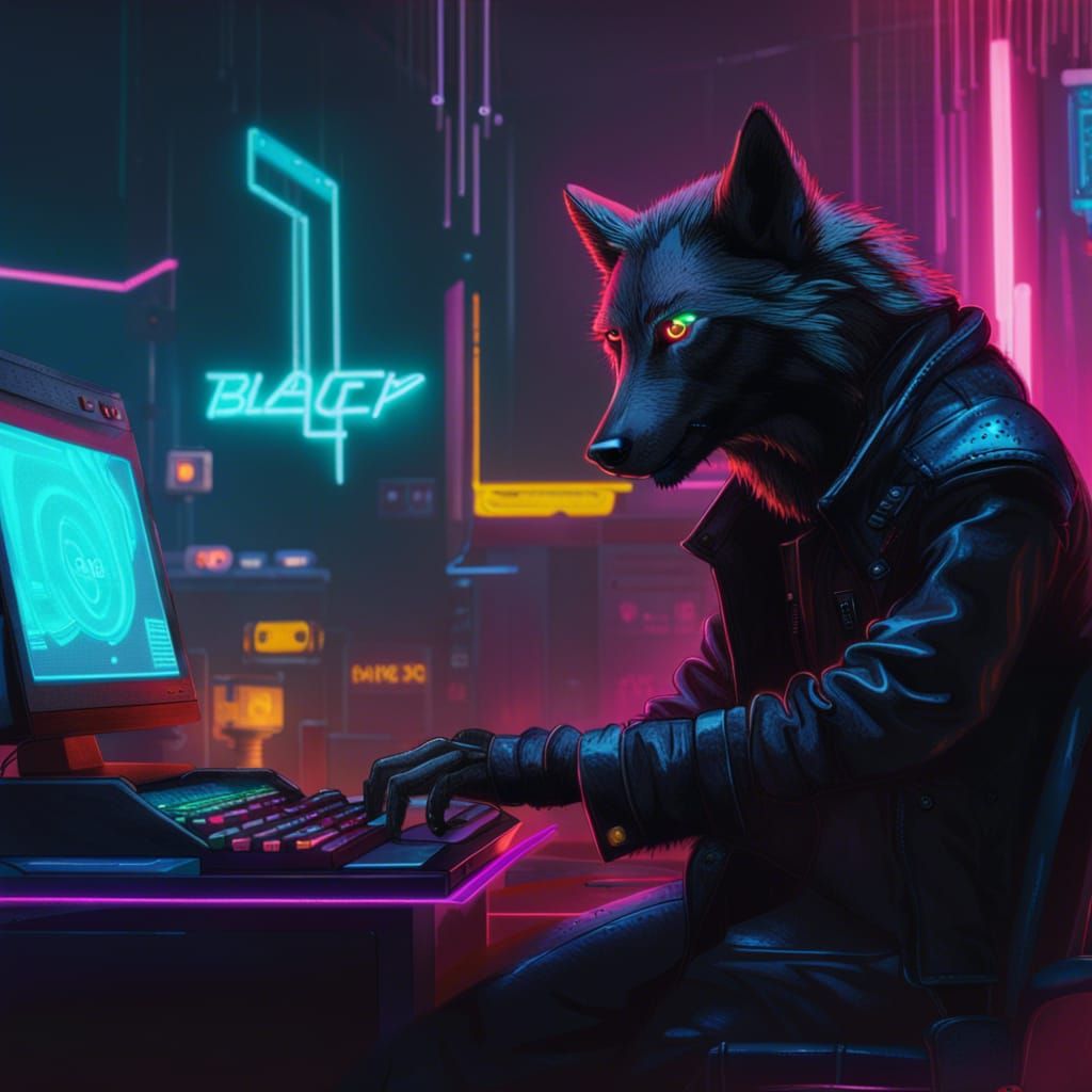 Cyberpunk Wolf Navigating Neon Cityscape