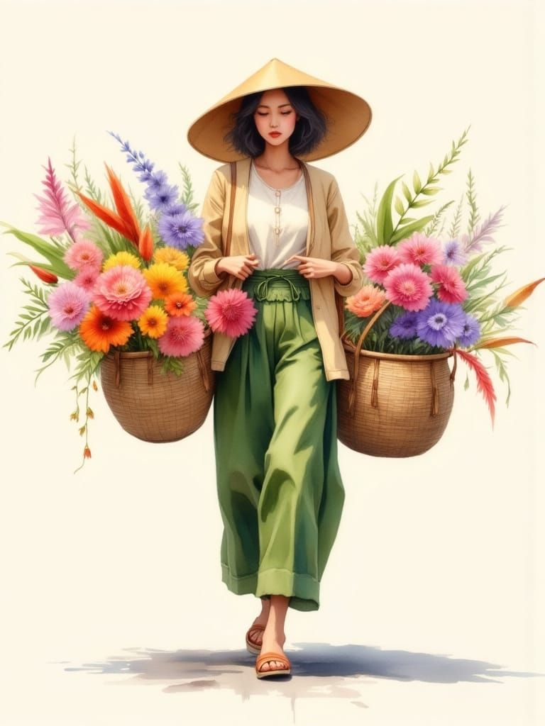 Traditional Flower Vendor in Watercolor Style