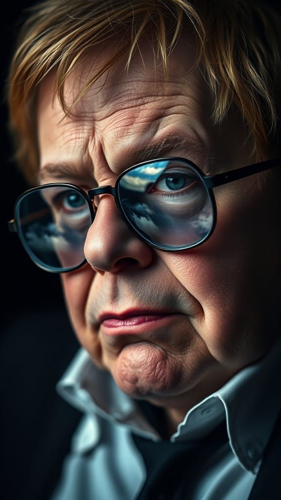 Sad Elton John Portrait with Cloud Reflections