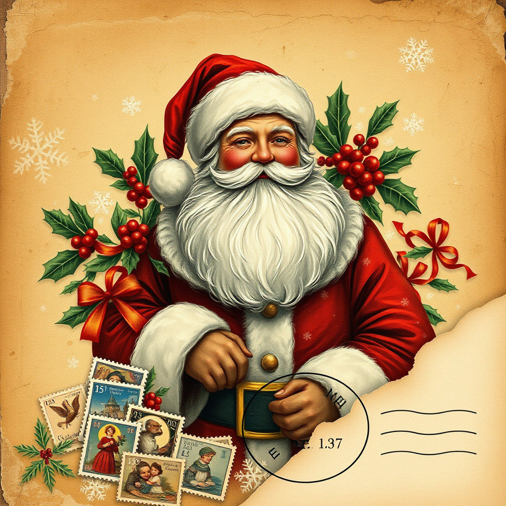 Vintage Holiday Scene with Jovial Santa Claus