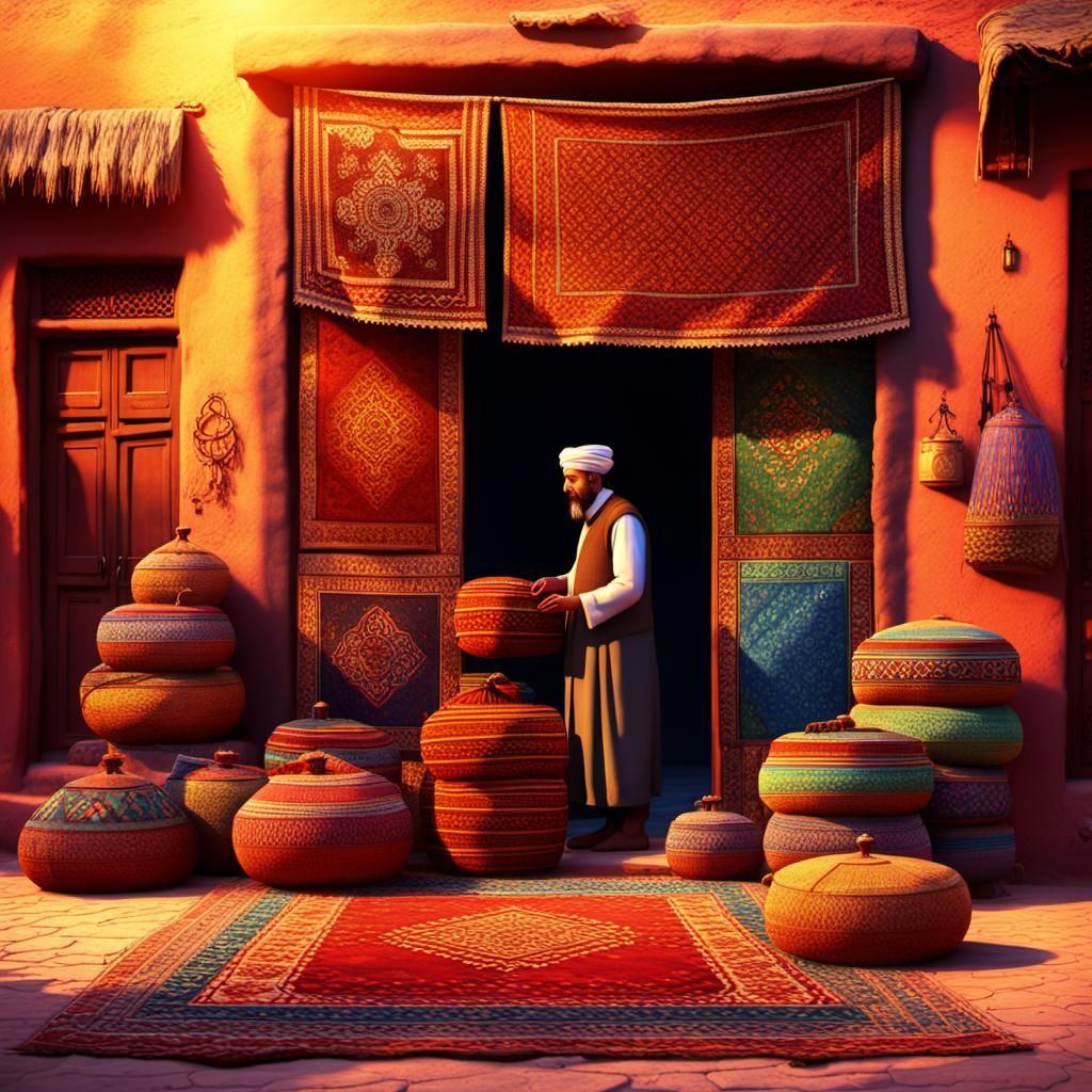 Moroccan Carpet Shop at Sunset: 3D Digital Art