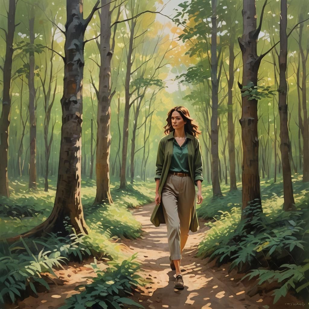 Impressionist Woman Walking in Serene Forest