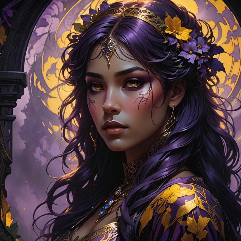 Dark Fantasy Girl in Shadows, Art Nouveau Details
